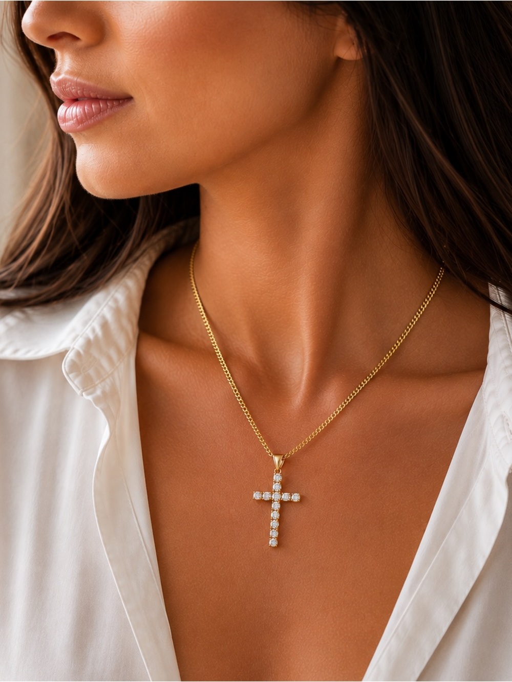 Women’s Gold Cross Pendant Necklace with Cubic Zirconia, 18K Gold Plated, Gift